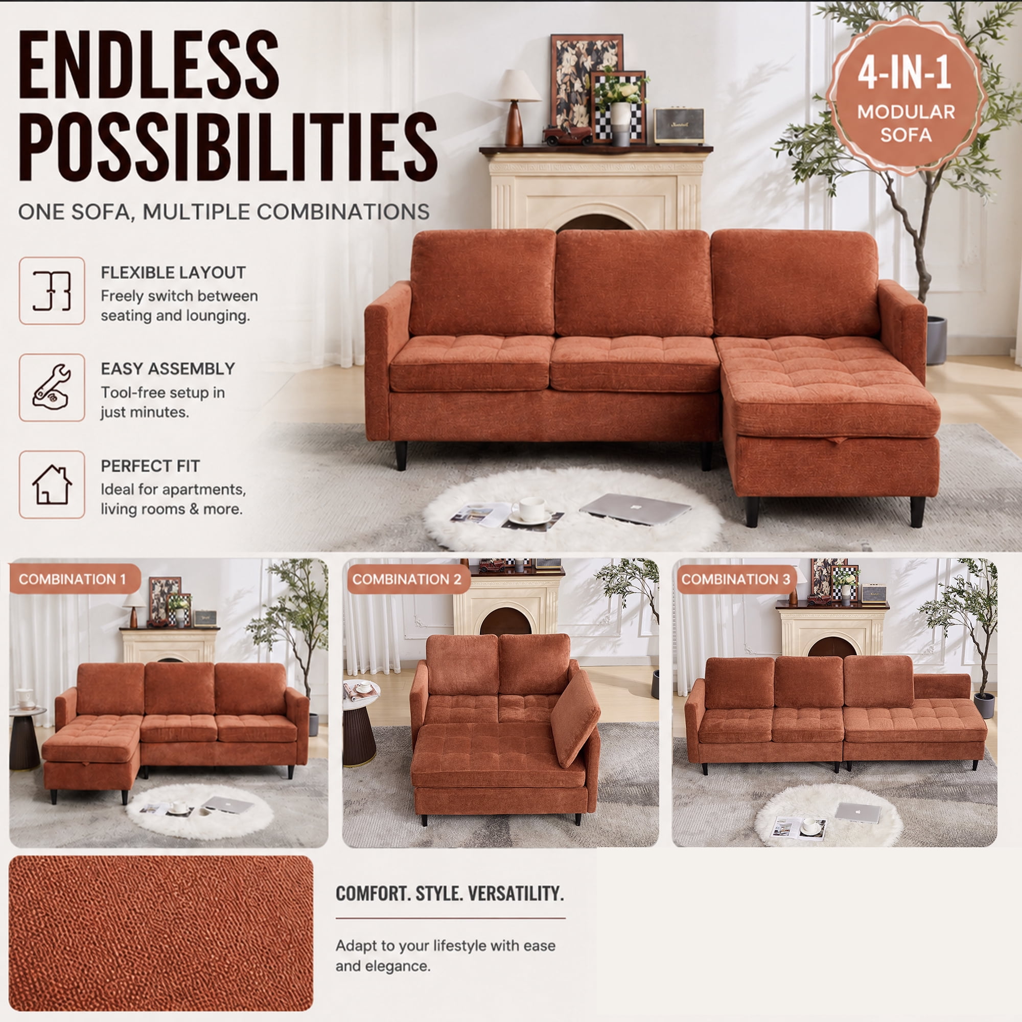 77.6" 4-in-1 L-Shaped Sectional Sleeper Sofa, Chenille Modular Couch with Storage Chaise, Usb/Type-C Ports & Side Pocket, Tangerine