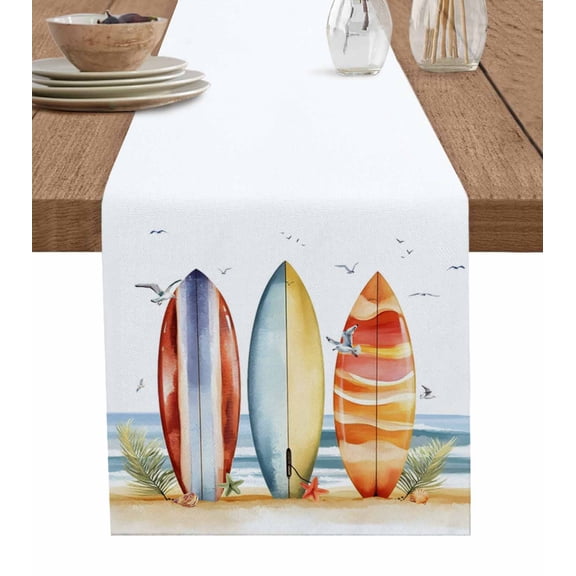 Blue Coastal Table Runner 72 Inches, White Seagull Summer Canoeing Starfish Bed Runner Dresser Scarves Tabletop for Indoor Outdoor Parties/Ceremony/Banquet, 16" x 72"