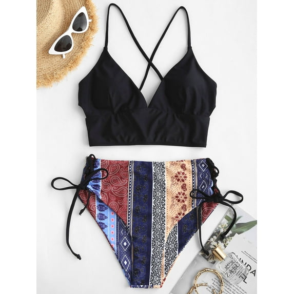 ZAFUL for Women's Swimwear Boho Lace Up Mix and Match Tankini Swimwear Black 2XL