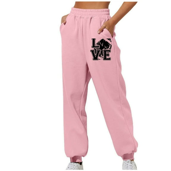 QQAMB Women Sweatpants Game Day Football Graphic Print High Waist Elastic Waist Sports Joggers Sweatpants Casual Loose Pants Pink M
