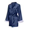 thumbnail image 6 of Feancey Satin Robe for Women Furry Sleeve Kimonos Sleepwear Soft Silk Bride Bathrobe Cozy Lingerie Robes Bridesmaid Belted Nightdress Limited Time Deal Blue 4XL, 6 of 8