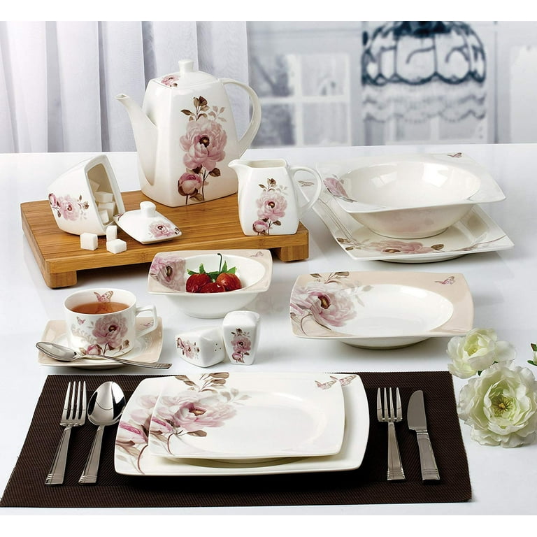 Lorren Home Trends 20-Piece Porcelain Square Dinnerware Set - Service For 4, Pink Floral Design (Dishwasher Safe)