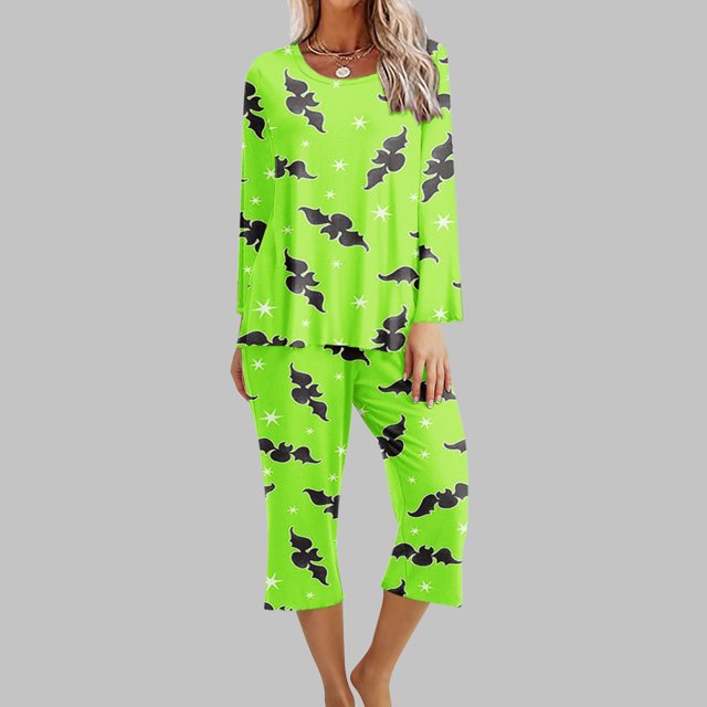Ensembles pour Femmes Vêtements Pyjama d'Halloween pour Femmes à Imprimé Col Rond Manches Longues Deux Pièces Confortable Ensemble de Pyjama de Maison Ensemble de Sport Femmes Ensemble 2 Pcs Ensembles en Liquidation
