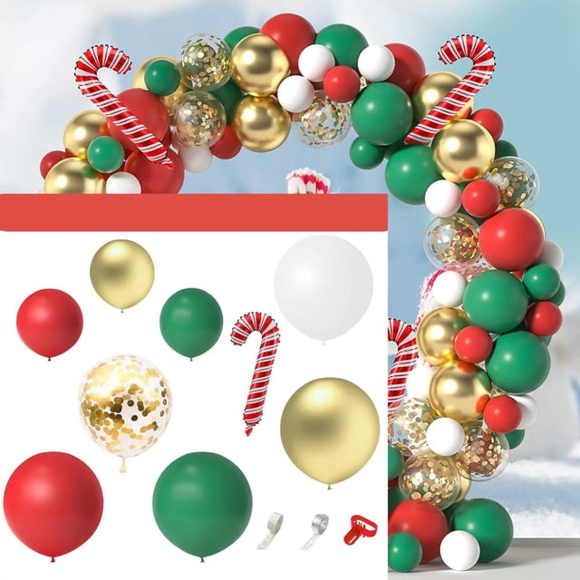 Kit d'Arche de Guirlande de Ballons de Noël Ensemble de Noël avec Rouge Vert Blanc avec Canne Candy pour Décorations de Fête de Noël Housses de Chaise pour Fête