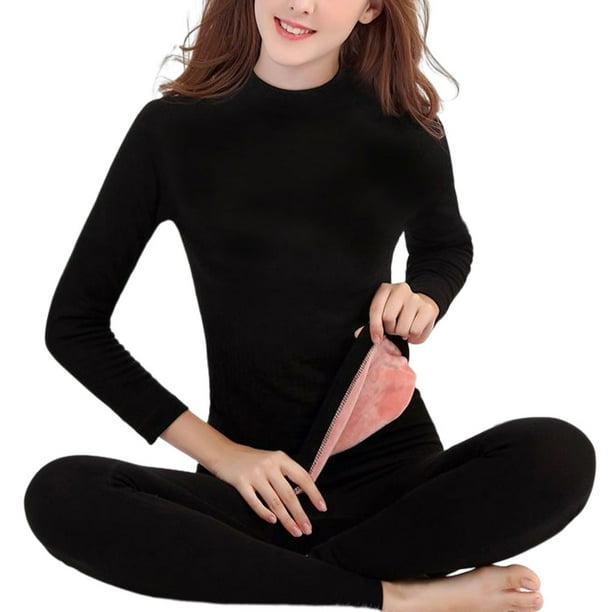 Jumpingount Camisa térmica Ropa interior de invierno Cuello medio-alto Suavidad al tacto Ropa cálida Manga larga Lana Fleece Suministros Ropa interior Negro