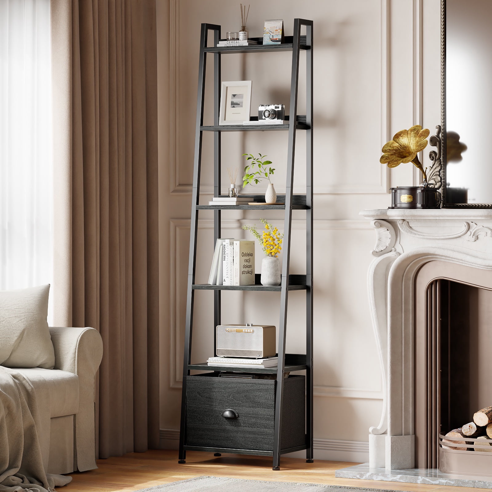 Tydimor 6-Tier Leaning Ladder Bookshelf with Removable Fabric Drawer, Black Oak Bookcase with Backboard Protection, Waterproof Anti-Scratch Storage Shelf for Living Room Bedroom Home Office