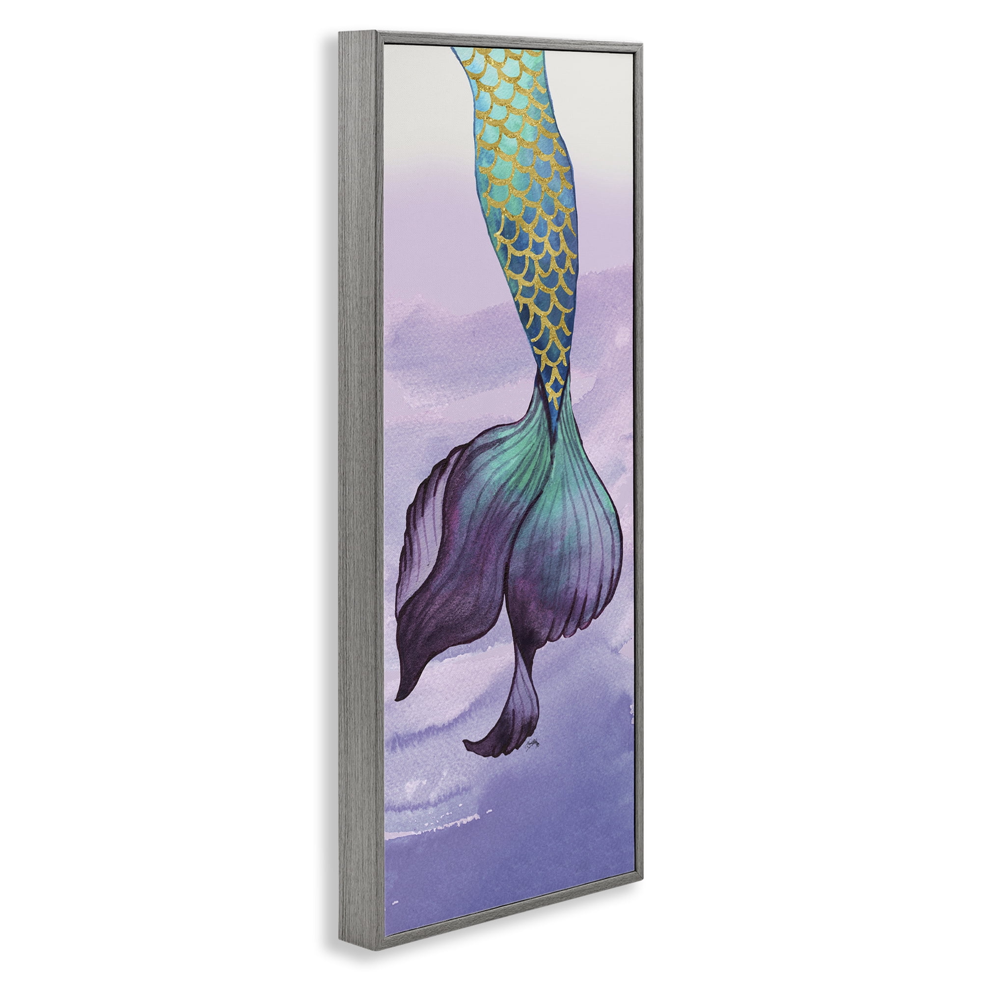 Stupell Industries Glam Accent Mermaid Tail Fairy Tales & Fantasy Painting Gray Framed Art Print Wall Art, 10 x 24
