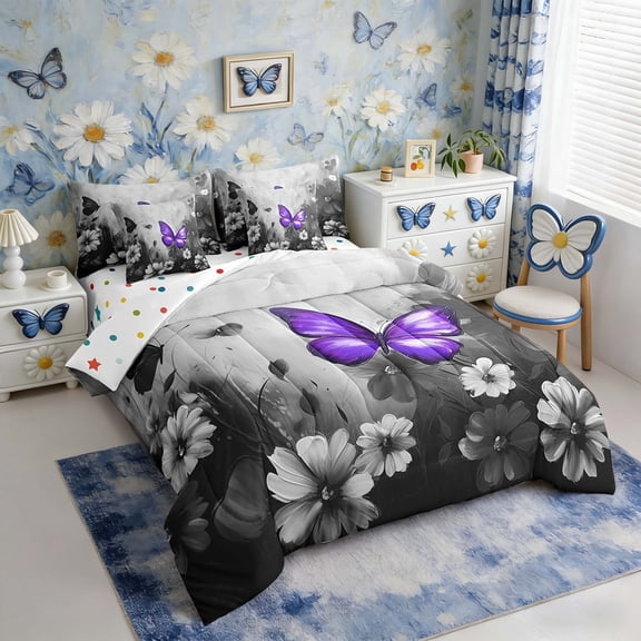 Butterfly Flowers Comforter Set 7 Piece Bed in a Bag Twin,Purple Black Ombre Art Oil Painting Floral Bedding Sets Rustic Aesthetic Animal Daisy Flower Sheet Set with Comforter
