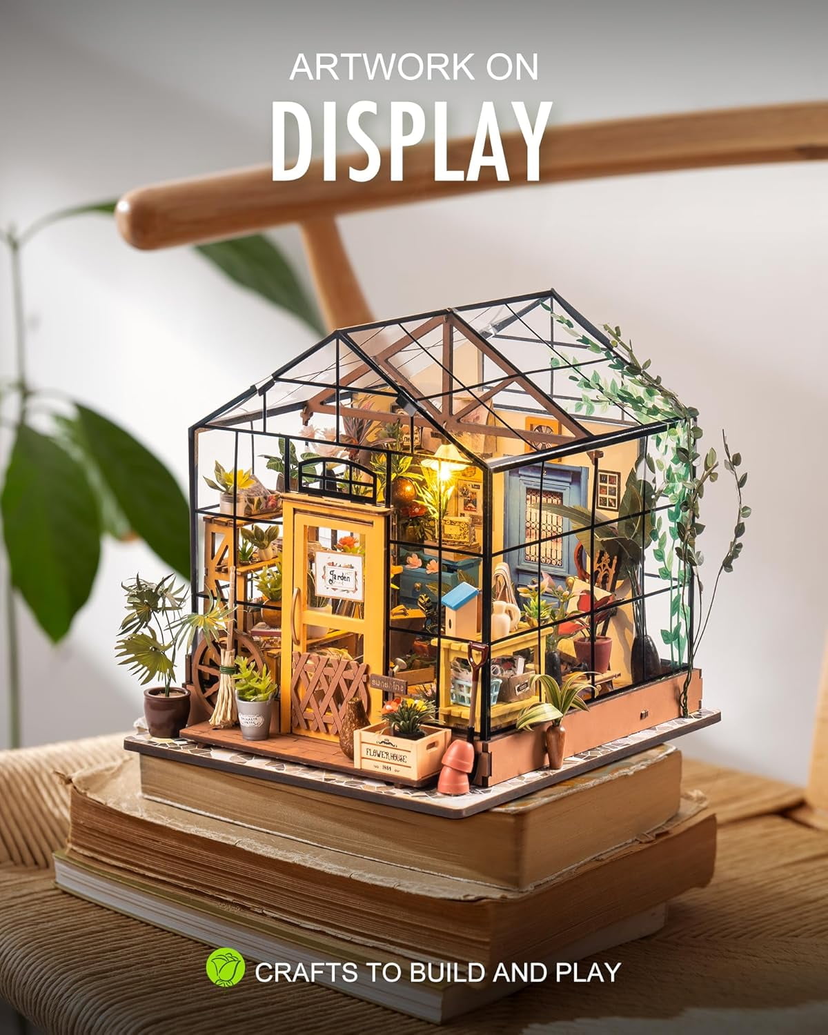 Rolife Cathy's Greenhouse DIY Miniature House Kit, Transparent Arch Greenhouse Model with Plants & Furniture for Adults, No-Glue Assembly Pre-Colored Wooden Craft Kit, Home Decor Gift for Plant Lover