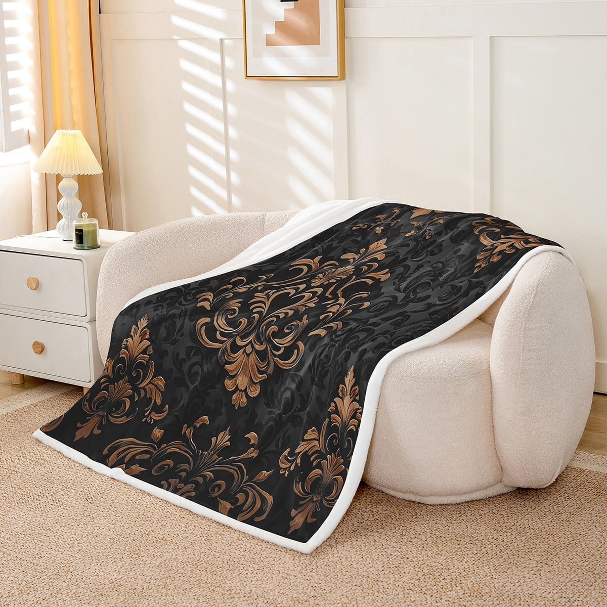 Manfei Bohemian Damask Flannel Blanket 30x40, Black Brown Sherpa Throw, Victorian Flower Plush Throw Blanket, Breathable Bedroom Decoration