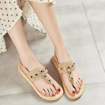 

Cethrio Womens Summer Flats Sandals- Wide Width Flat Beach Flip Flops Braided on Clearance Khaki Dressy Sandals/ Slides Size 8.5