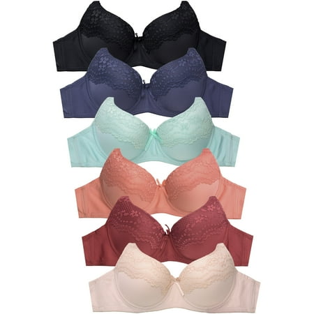 247 Frenzy Women's Essentials Mamia PACK OF 6 Full Coverage Lace Accent Bras