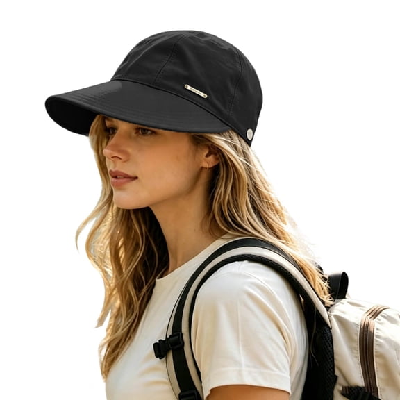 Women Ponytail Hole Baseball‑Style Sun Hat Metal Badge Decor Breathable Quick‑Dry Outdoor UV Protection Cap Adjustable Casual Hiking Travel Headwear