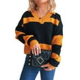 thumbnail image 3 of Women Fall V Neck Sweater Color Block Long Sleeve Shirt Casual Loose Striped Pullover Sweaters Orange M, 3 of 10