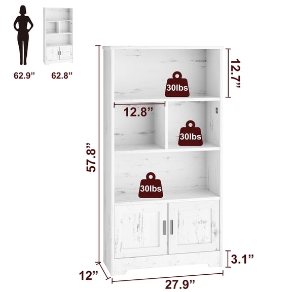 Yeshouse Book Shelf, with LED Lights Farmhouse Bookcase, with Doors Modern Storage Rack 3 Shelf, Tall Standing Bookshelves, Large Display Racks Book Shelf for Bedroom, Living Room, Home Office