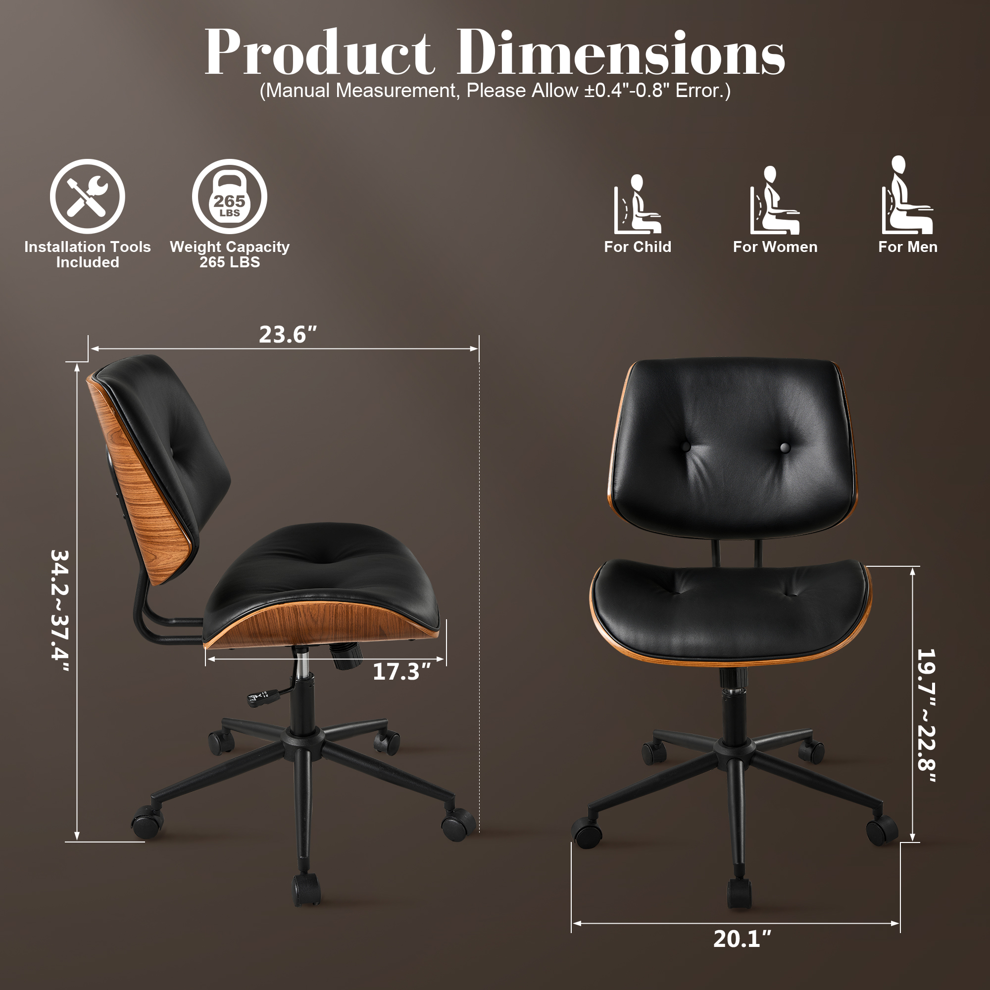 Toject Office Chair, Task Chair with Wooden Back, Mid-Century Modern Computer Chair, Armless Desk Chair for Home Office, Black
