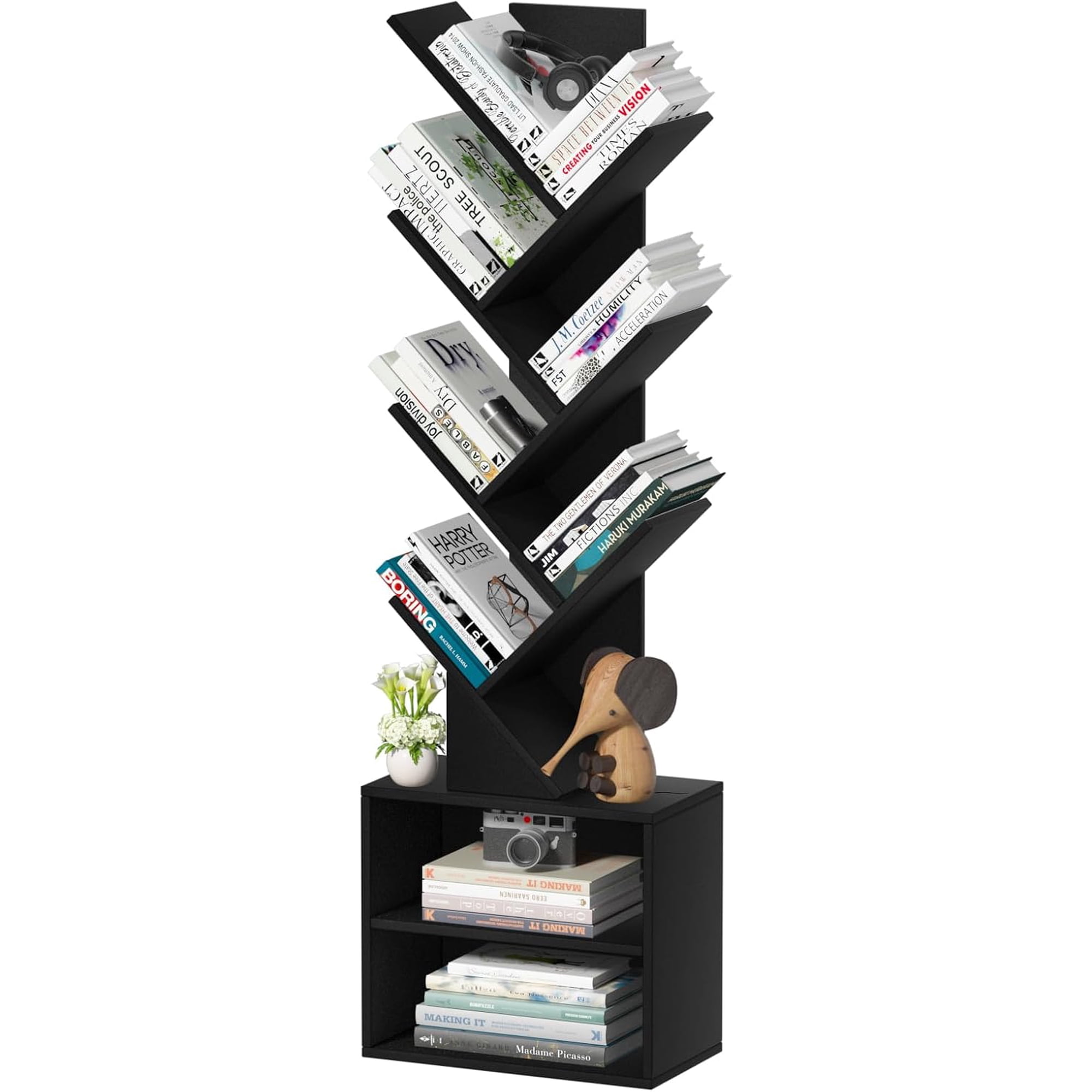 10-Tier Tree Bookshelf Floor Standing Narrow Space Storage Bookcase | Wood Tree Book Rack; Tall Storage For Bedroom Living Room & Home Office; Compact Floor Organizer For Books & Small Decor