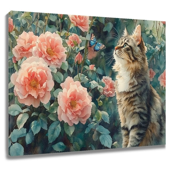 Pink Floral Cat Canvas Wall Art Vintage Watercolor Flower Black Brown Cat Green Leaves Prints Posters Living Room Decor Funny Spring Plant Home Art Bedroom Bathroom Office Wall Decor,12x12 Inches