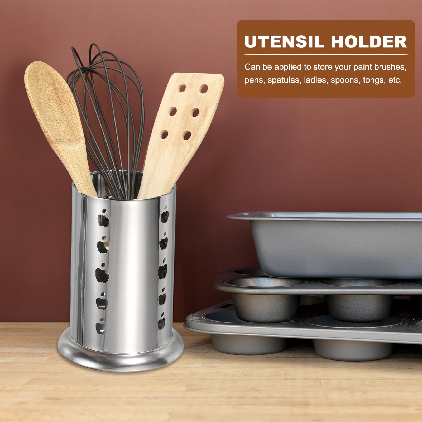Stainless Steel Utensil Holder, Kitchen Cutlery Holder Fruit Hole Flatware Organizer for Forks Silver
