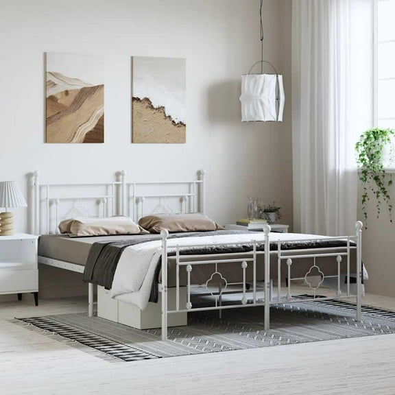 vidaXL King Metal Bed Frame with Headboard, Under Bed Storage, Noise Free, White, No Mattress