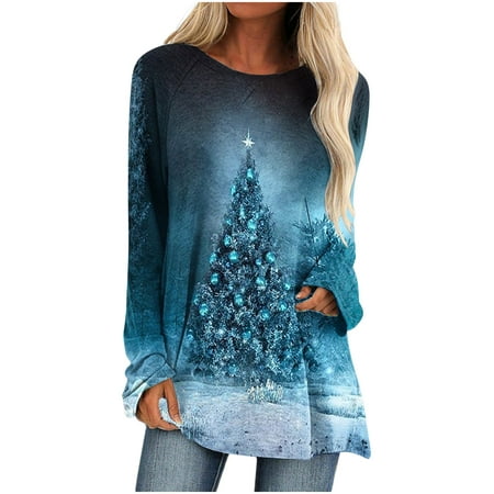 Christmas Gift For Family,Sweaters For Women LIDYCE Women Long Sleeves Floral Casual Shirts Solid O-Neck Pullover Loose Tunic Tops Christmas Tree Print Round Neck Blouse,Holiday Gift Guide
