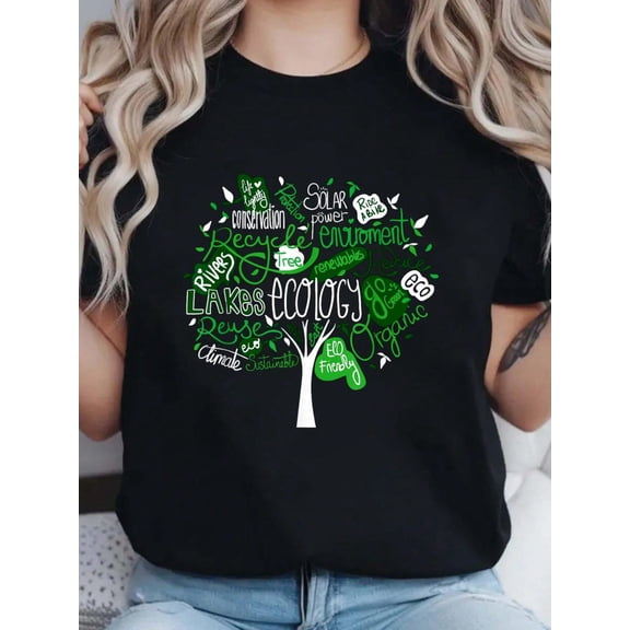 100% Cotton Tree Earth Day Cute Nature Lover EnvironWomentalist T-Shirt Print Round Neck Short Sleeve T-Shirt For Women Casual, Summer, Women Top Graphic Tees Women Tops