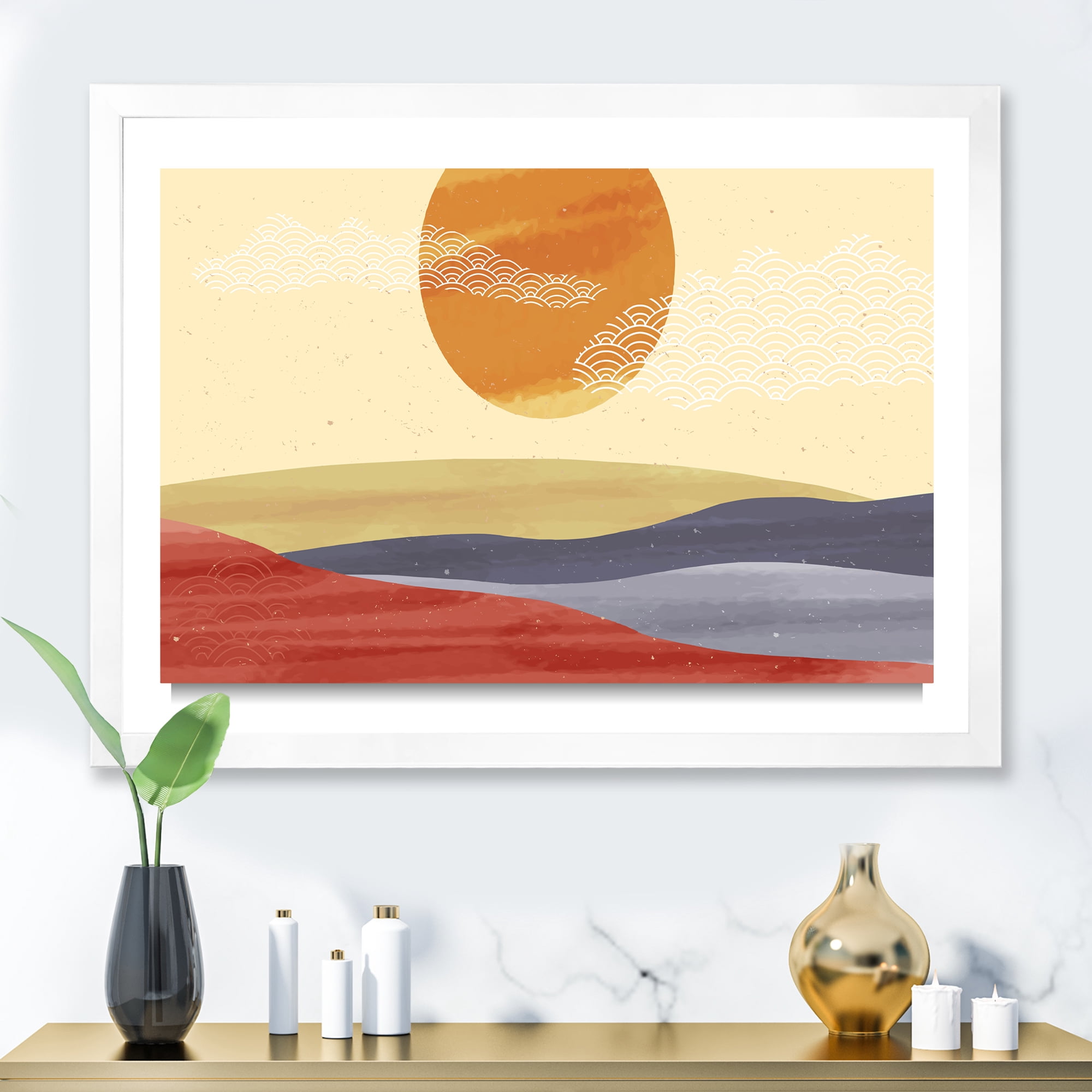 Designart 'Abstract Minimalistis Landscape Mountain & Moon' Modern Framed Art Print