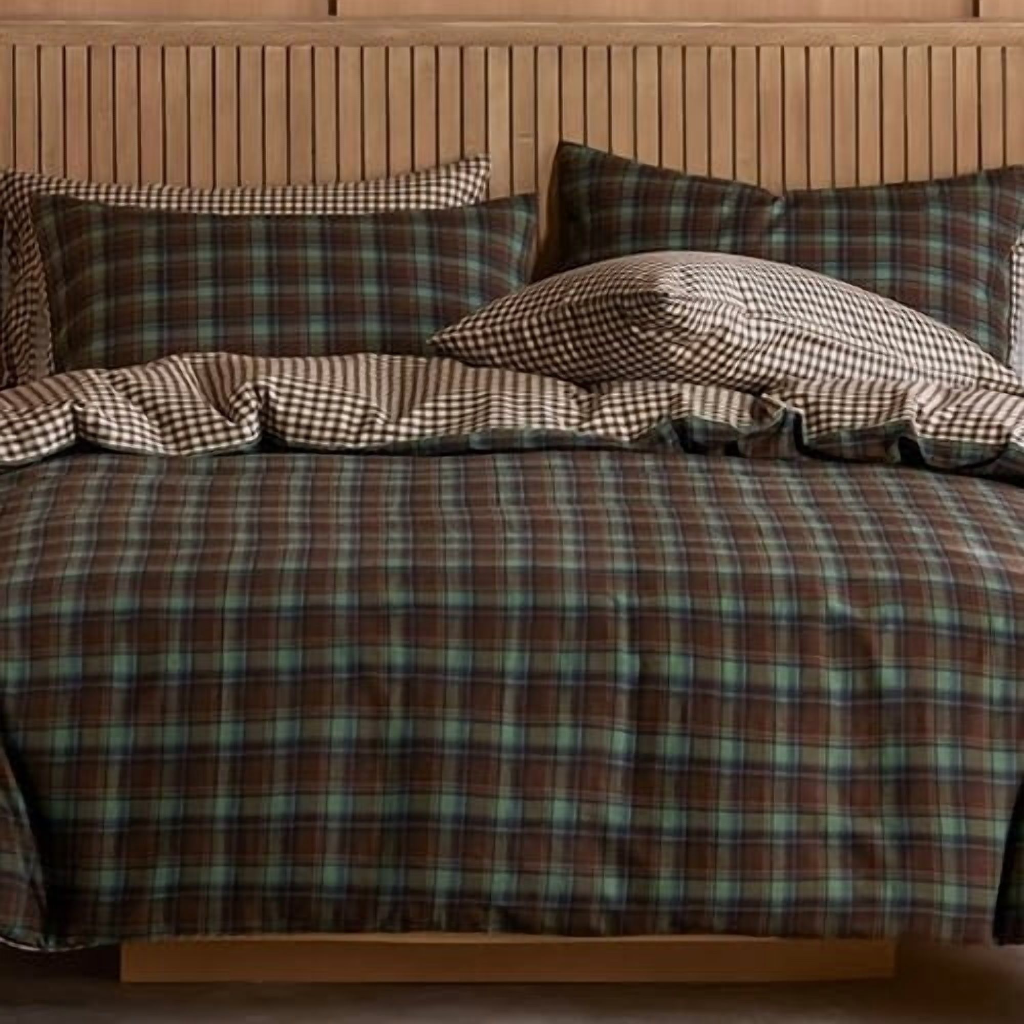 JOLUSERE Green Brown Plaid Duvet Cover King Set, 3-Piece Vintage Beige Brown Grid Checkered Pattern Soft Comforter Cover