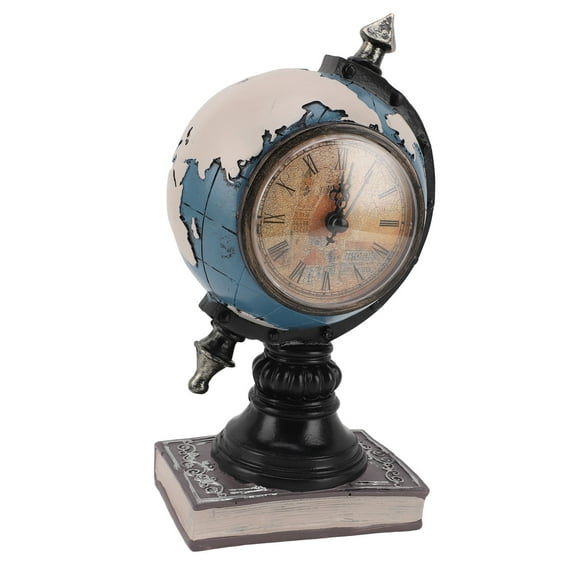 Desk Clock Vintage World Map Retro Antique Tabletop Clock with Piggy Bank for Home Office Desk Decoration
