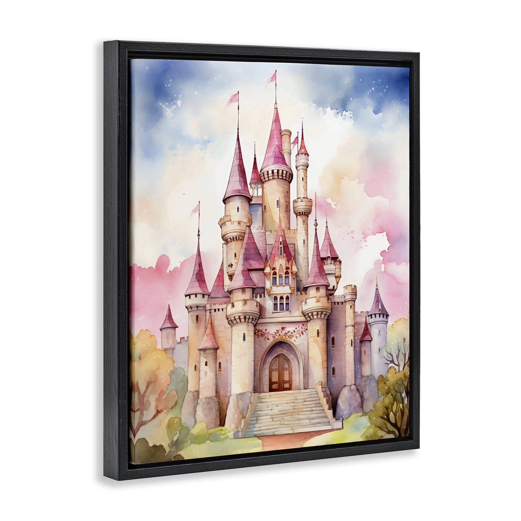 Stupell Industries Princess Castle Watercolor Portrait Black Framed Floater Canvas Wall Art, design by Creative Studio