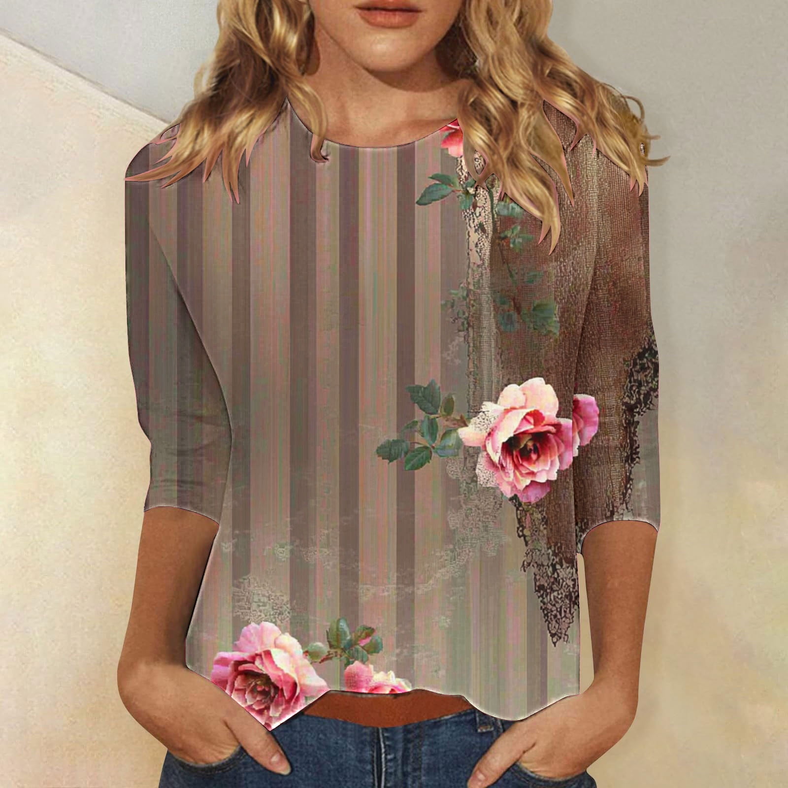 Women's 3/4 Sleeve Floral Print Blouse - Loose Fit Casual Plus Size Top, Crewneck Tee