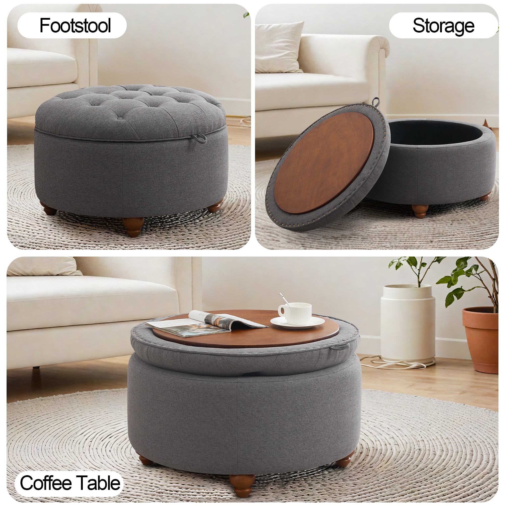 24'' Round Ottoman with Storage, Modern Tufted Fabric Storage Ottoman with Removable Top for Living Room, Bedroom, Drak Gray