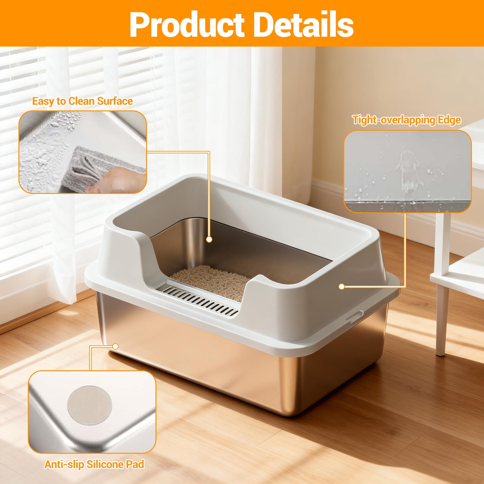 Stainless Steel Cat Litter Box - High-Sided, Non-Stick & Odor Resistant, Easy to Clean for Large Cats