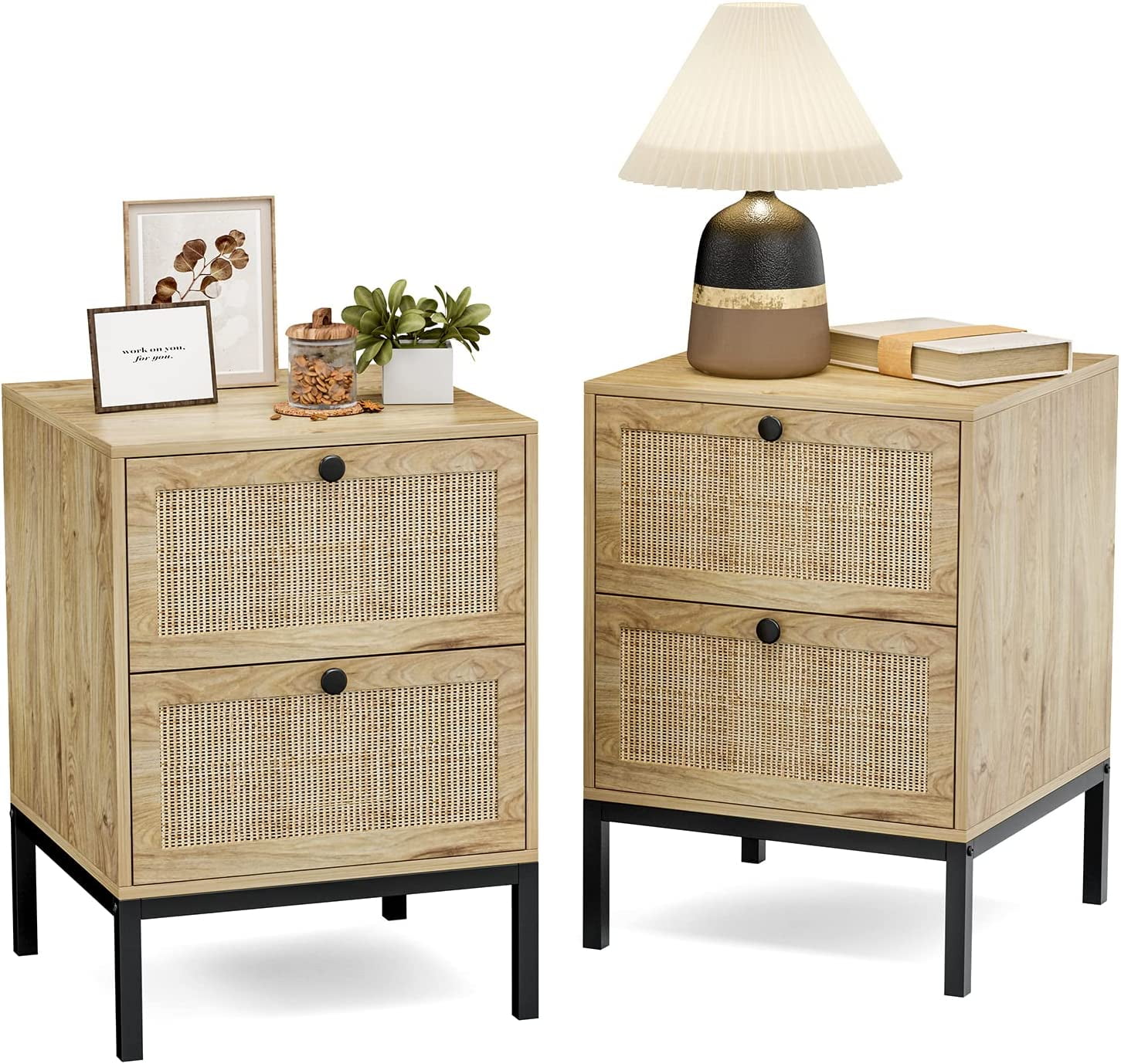 IKIFLY Rattan Nightstand Set of 2, End Side Table with 2 Handmade