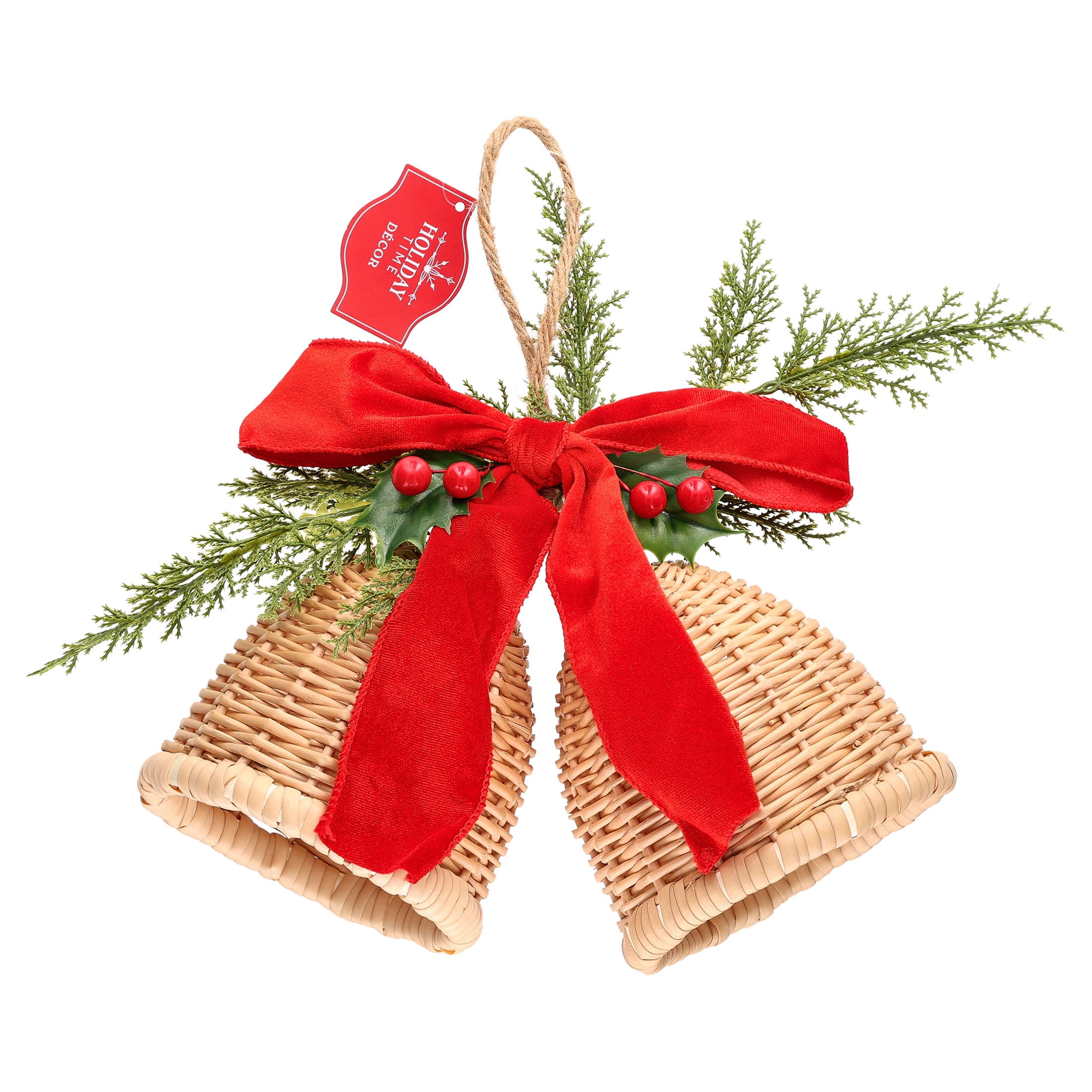 Woven Bells with Bow Hanging Christmas Decoration, Brown/Red/Green, 11.5", by Holiday Time