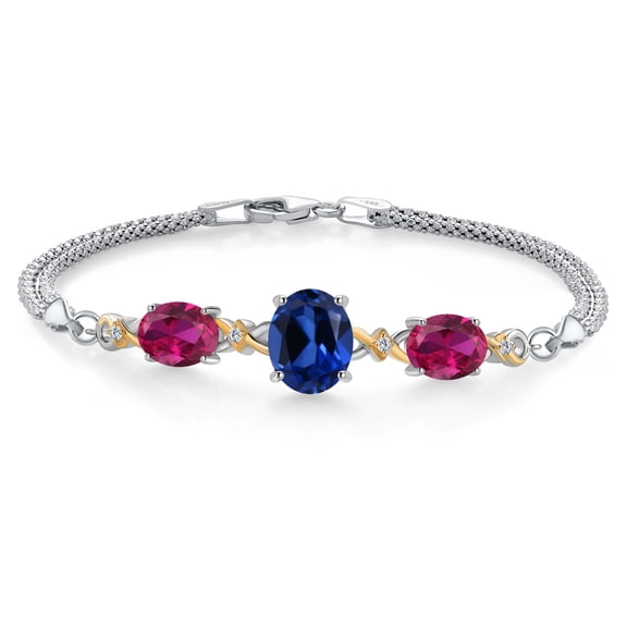 925 Silver and 10K Yellow Gold Created Sapphire and Red Created Ruby and Lab Grown Diamond Bracelet for Women (6.06 Cttw, September Birthstone, Oval 10X8MM and 8X6MM, 6.5/7/7.5 inch, Made in Italy)