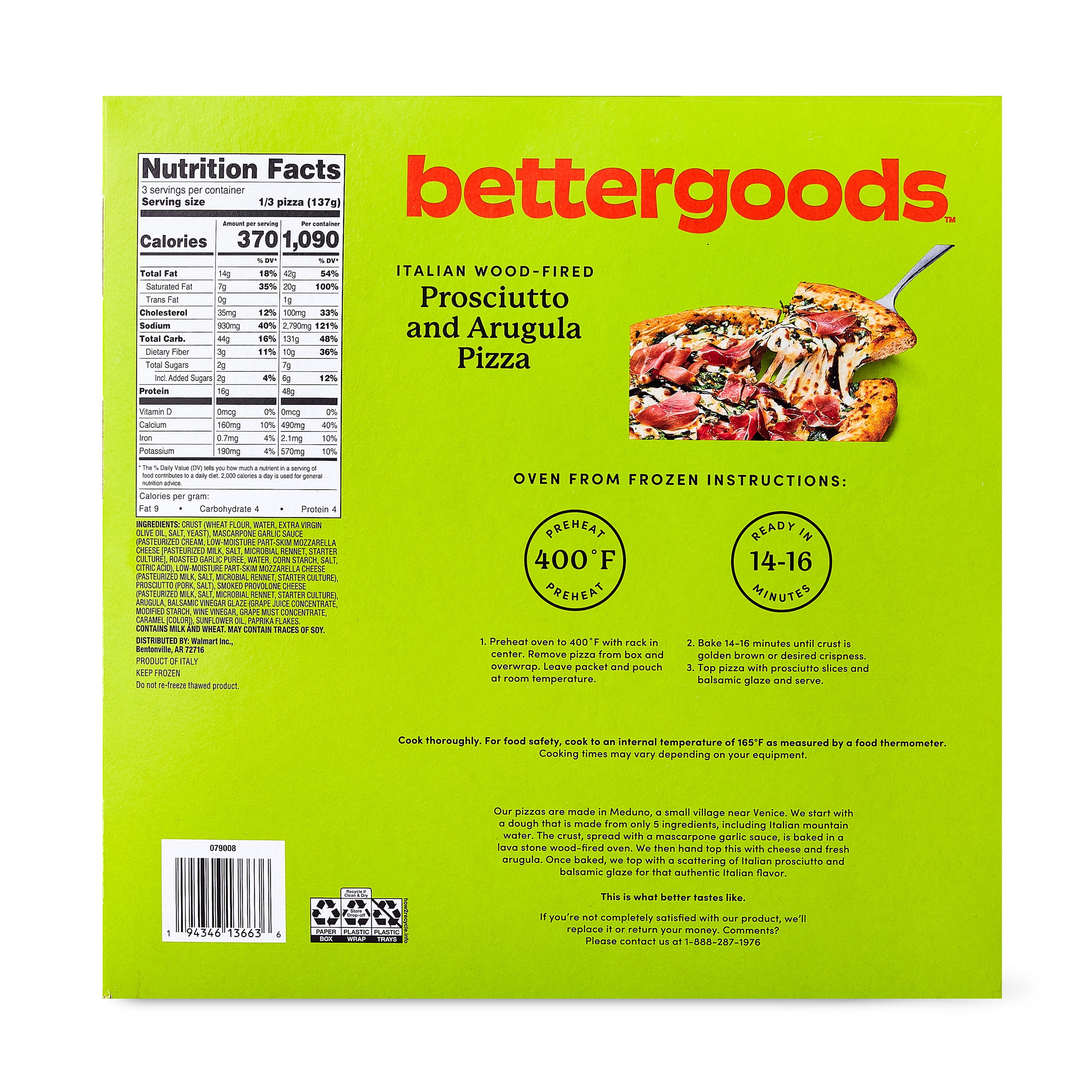 bettergoods Italian Wood-Fired Prosciutto and Arugula Pizza, 14.46 oz (Frozen)
