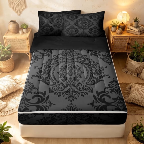 Erosebridal Bohemian Damask Zipper Twin Comforter Sets with Fitted Sheet and 2 Pillowcases, Hippie Floral Zipper Bedding Set, Charcoal Gray Black, Black Reversible