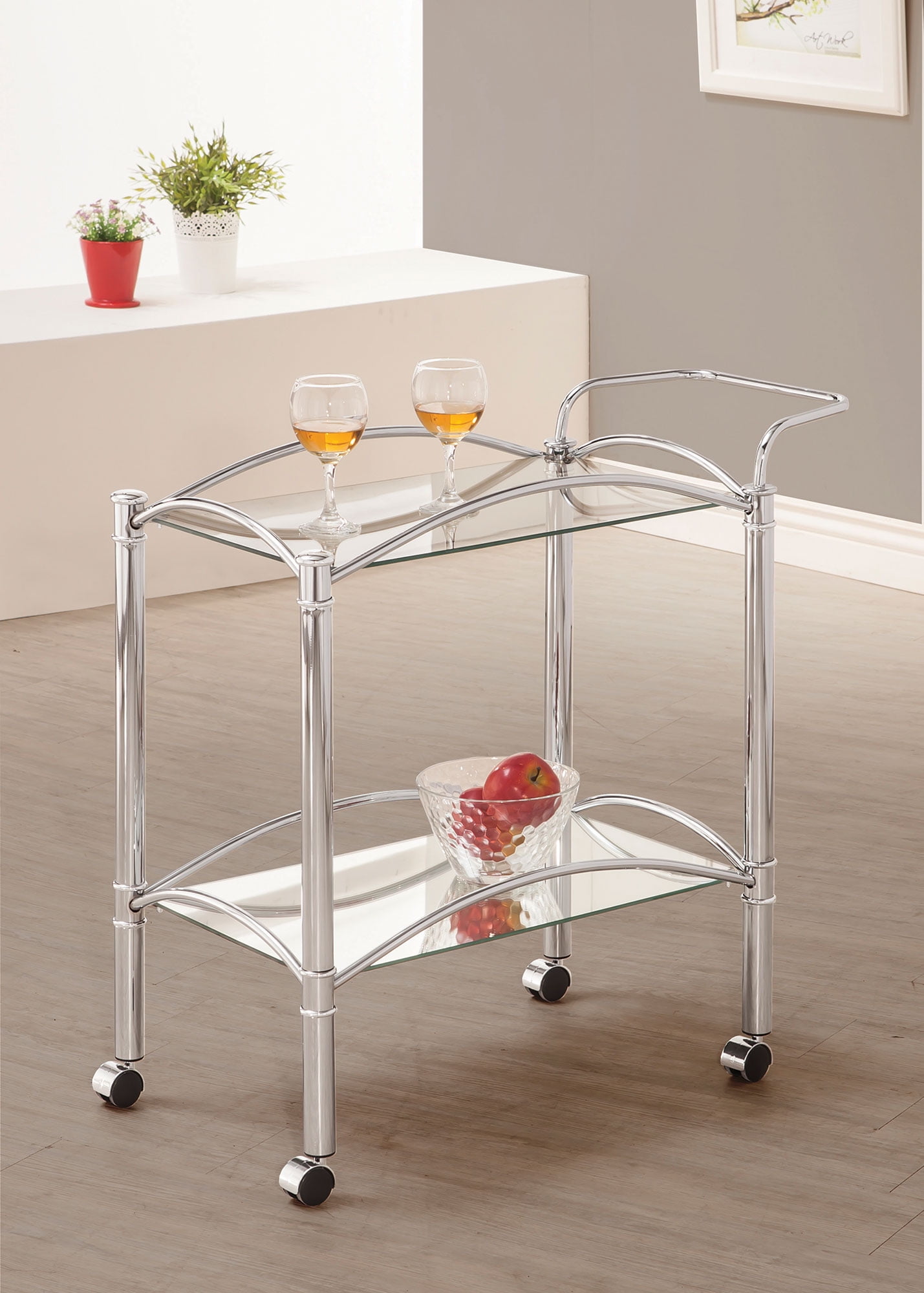 Contemporary Rolling Casters Kitchen Serving Cart Chrome Mirrored