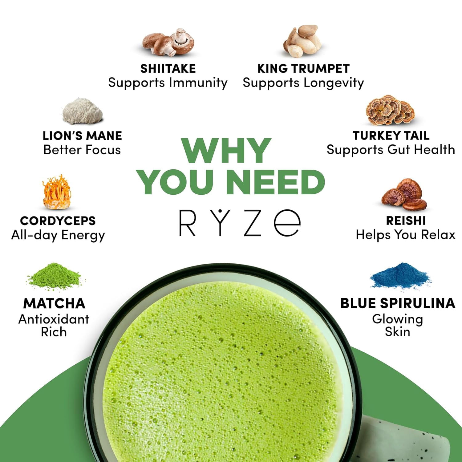 RYZE Mushroom Matcha USDA Organic with 6 Adaptogenic Mushrooms for Energy, Focus, Digestion, Immunity with Turkey Tail, Lions Mane, Reishi, 30 Serving