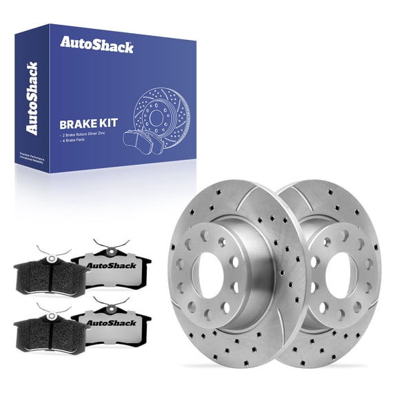 AutoShack Rear Solid Drilled & Slotted Silver Zinc Coated Brake Rotors   Ceramic Pads 6-PC Brake Kit Replacement for 2014-2018 Volkswagen Jetta 2015 Volkswagen Golf SilverShield Pro 10.7" (271.8 mm)