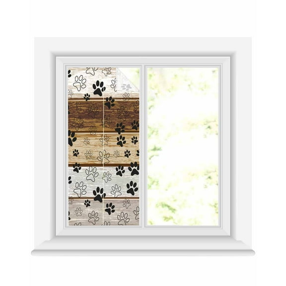 Window Privacy Film, Brown Paw Prints UV Sun Blocking Window Tint Film Heat Control One Way Blackout Window Film, Country Farmhouse Retro Wood Non Adhesive Static Cling Window Sticker 17.7x39.3 In