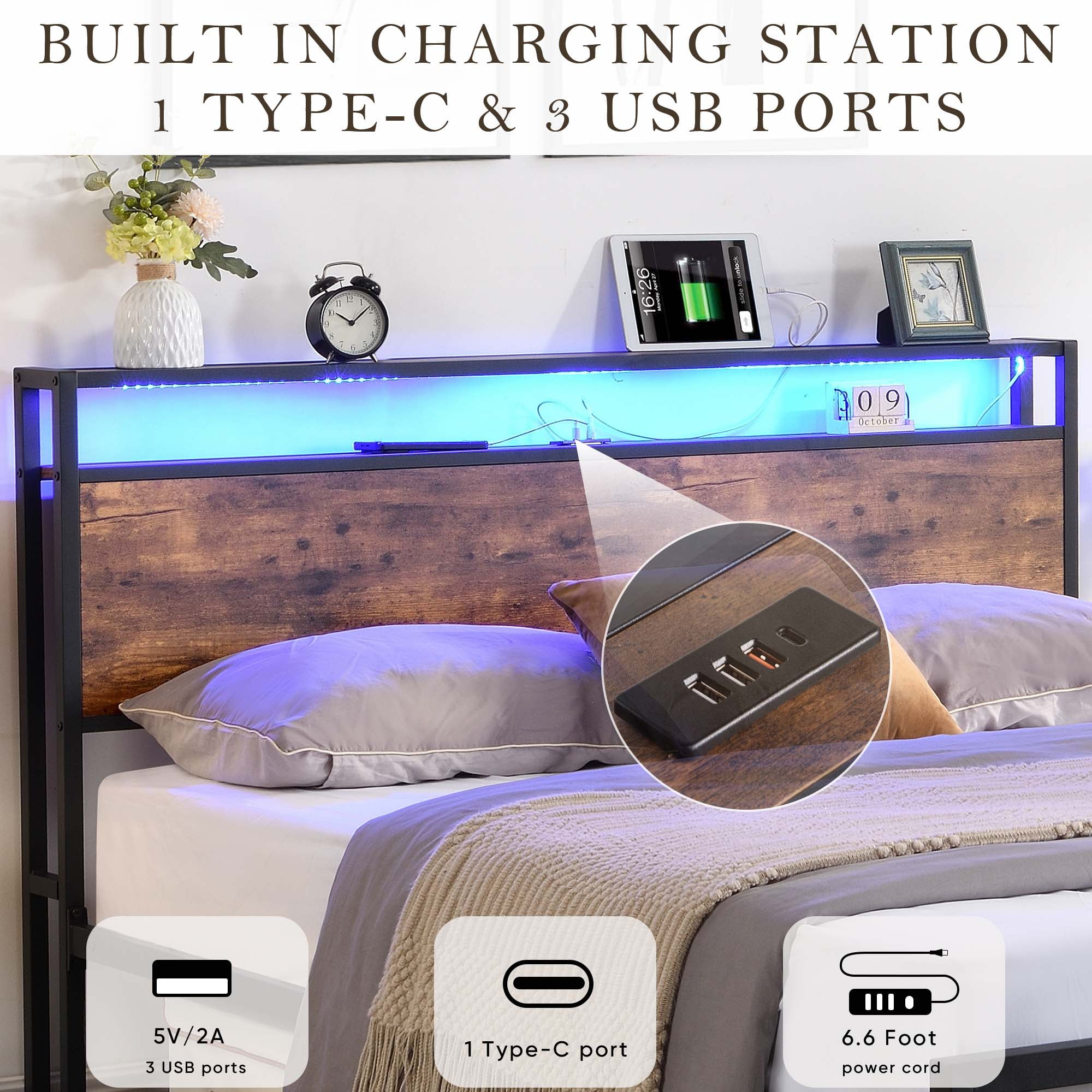DEALTOPS Full Size Metal Bed with Storage Headboard and 2 Drawers, Platform Bed Frame with LED Lights, Charging Station, Brown