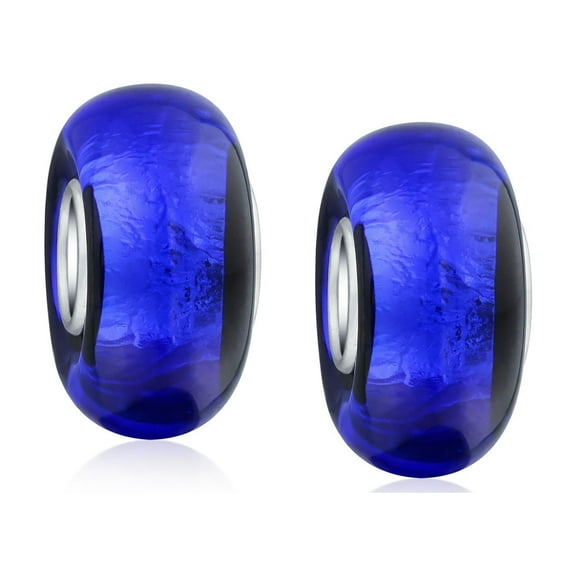 Bling Jewelry Womens Set of 2 Navy Blue Foil Murano Glass Glass Charm Bead with Sterling Silver Core