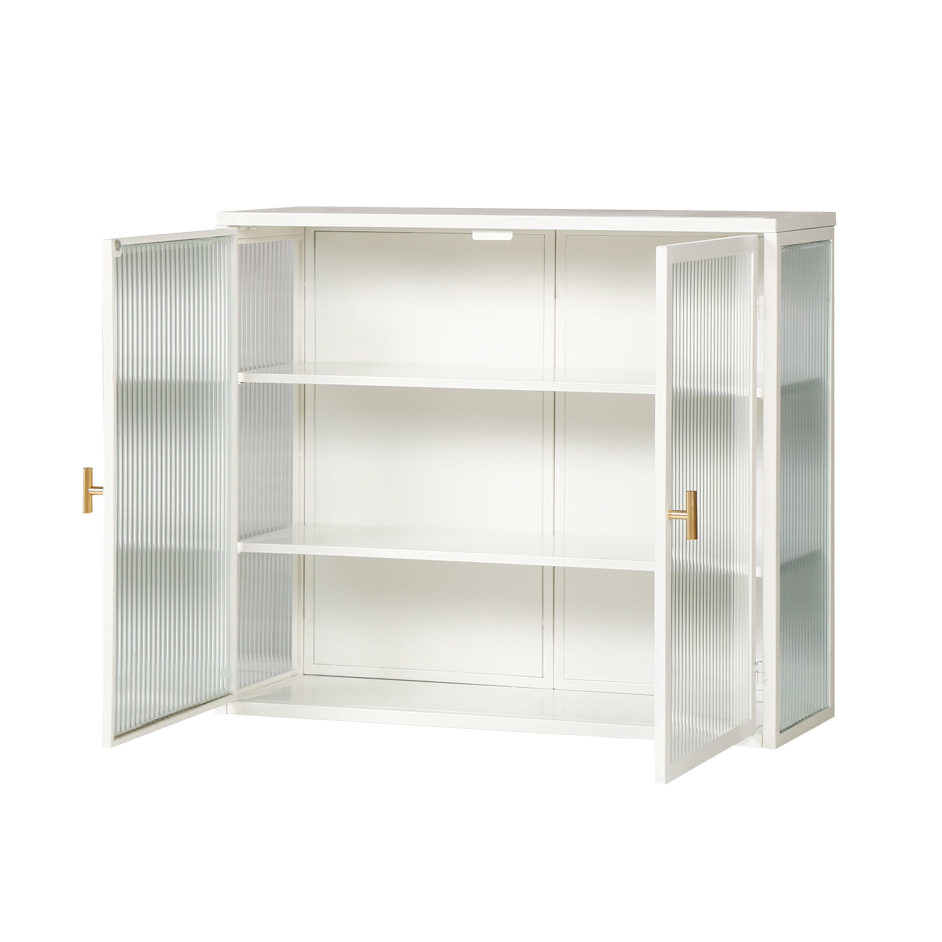 Bathroom Medicine Cabinet,Modern Glass Doors Two-door Wall Cabinet with Three-tier Storage for Bathroom,Kitchen,White