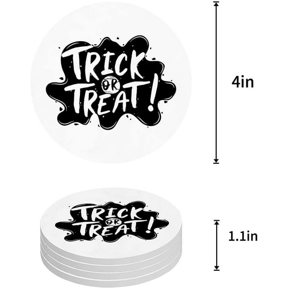 FMSHPON Happy Halloween Trick or Treat Cute Letters Set of 4 Round Coaster for Drinks, Absorbent Ceramic Stone Coasters Cup Mat with Cork Base for Home Kitchen Room Coffee Table Bar Decor