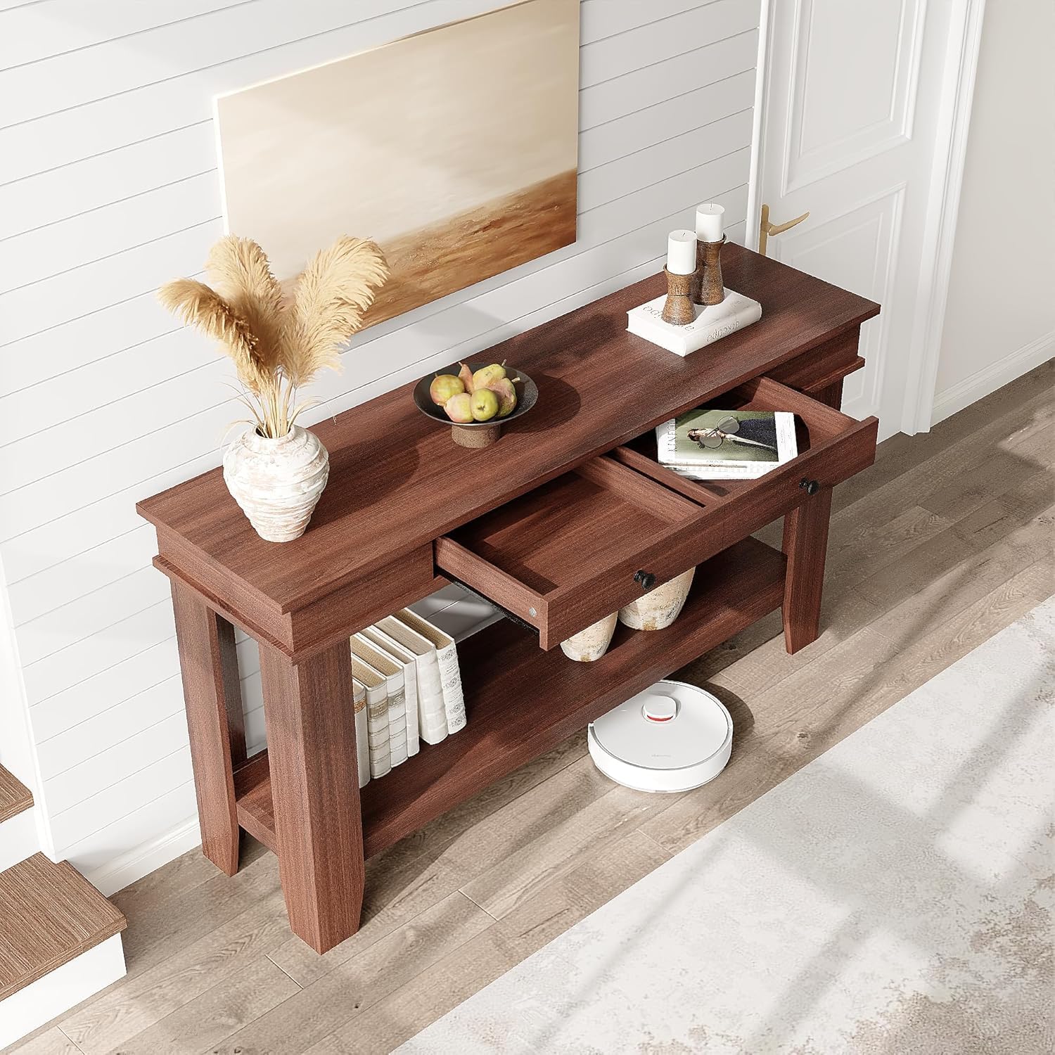 Roromall 54" Wood Console Table with 2 Drawers & Lower Shelf, Farmhouse Sofa Table for Entryway, Hallway, Living Room, Behind Couch