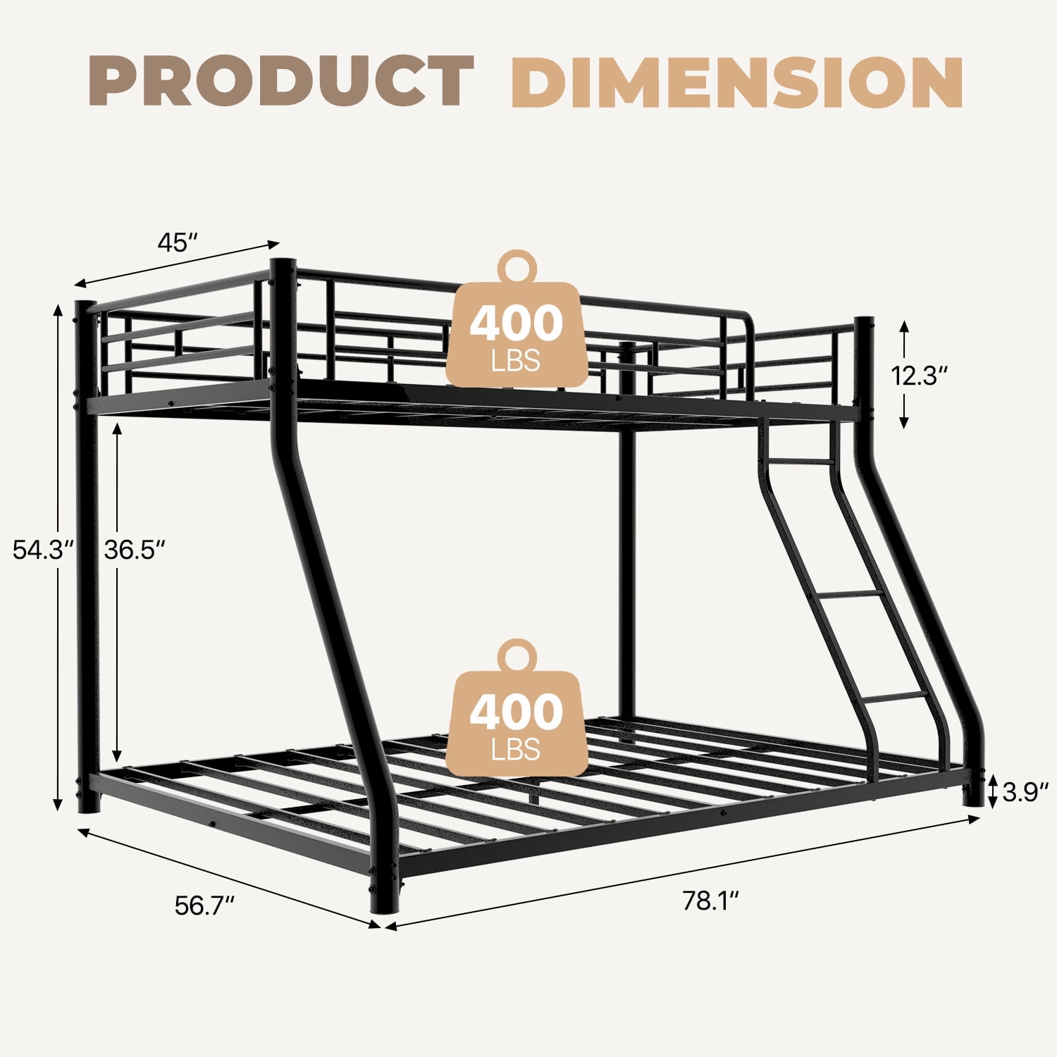 BaPiPro Metal Bunk Bed Twin Over Full Size with Removable Stairs, Heavy Duty Metal Frame with 12" Under-Bed Storage for Teens & Adults, No Box Spring Needed, Black