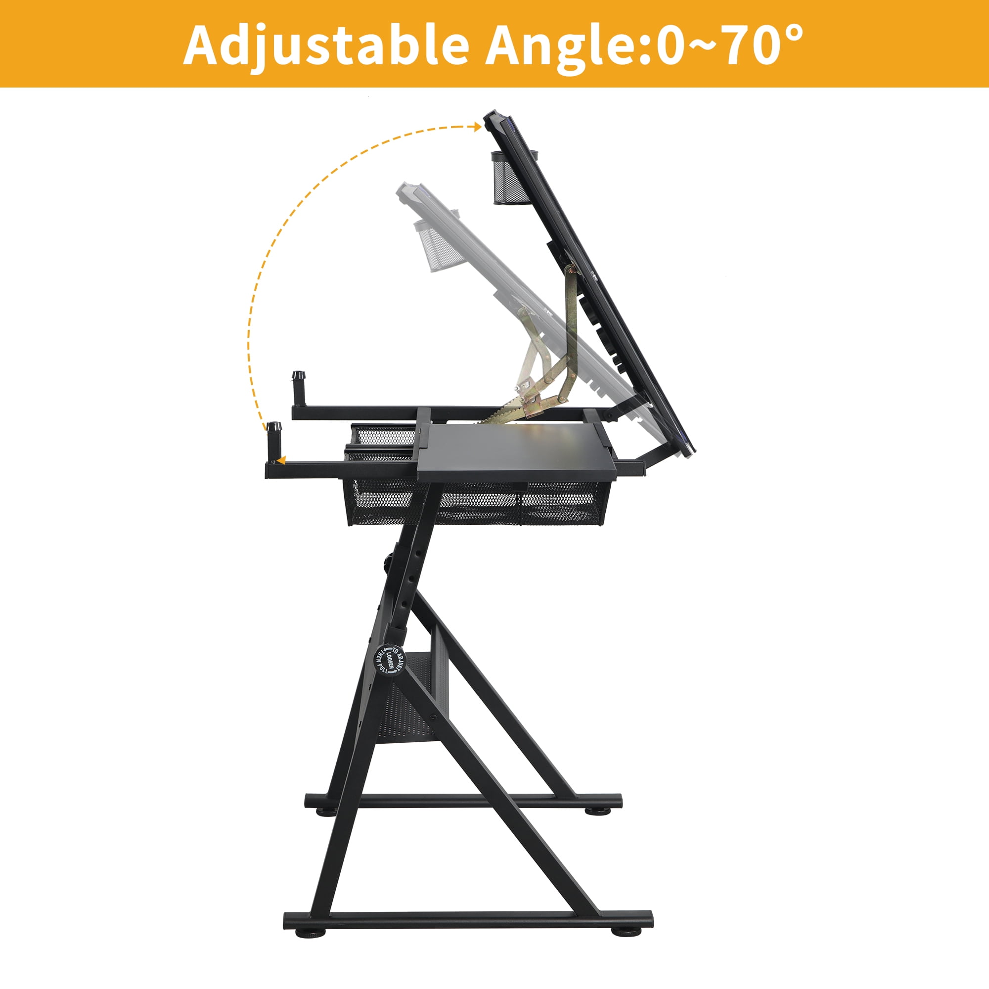 Drafting Table, 0-70° Adjustable Glass Top Artist Table, Height Adjustable Drafting Desk with Large Storage for Painting & Crafting, Ideal for Designers and Art Students (Black)