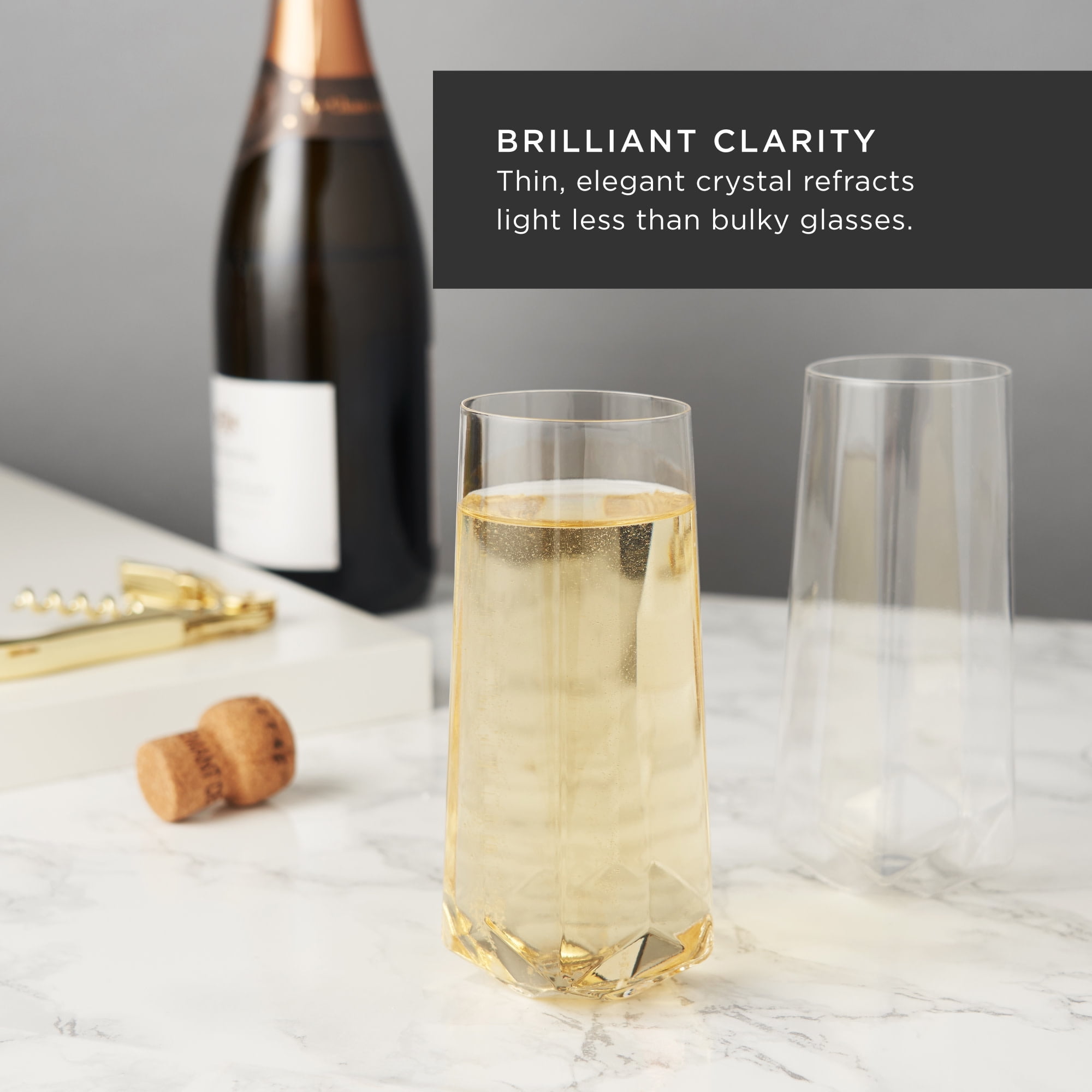Viski Raye Faceted Champagne Flutes, Wedding Gifts, Home Bar, 10oz Set of 2
